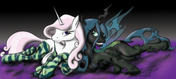Size: 1024x460 | Tagged: dead source, safe, artist:thefishe77, fleur-de-lis, queen chrysalis, changeling, changeling queen, pony, unicorn, g4, bedroom eyes, clothes, female, fishnet stockings, socks, stockings, striped socks, sultry pose