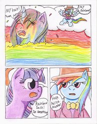 Size: 790x1011 | Tagged: safe, artist:the1king, rainbow dash, rarity, twilight sparkle, alicorn, pony, comic:fluttershy and the rainbow factory, fanfic:rainbow factory, g4, comic, female, mare, parody, roald dahl, traditional art, twilight sparkle (alicorn), wet, wet mane, wet mane rarity, willy wonka, willy wonka and the chocolate factory