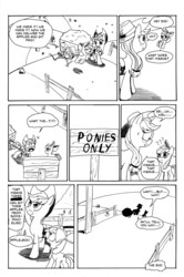 Size: 3296x4952 | Tagged: safe, artist:leon-z, apple bloom, applejack, earth pony, pony, g4, apple, black and white, bow, cart, censored, comic, confused, cowboy hat, duo, female, glare, grayscale, hair bow, hat, lineart, mare, monochrome, nervous, open mouth, pronking, question mark, racism, siblings, sisters, smiling, sweat, wide eyes