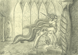 Size: 2300x1632 | Tagged: safe, artist:pedrohander, princess celestia, g4, 2014, drawing, female, indoors, monochrome, sketch, solo, stairs, sunbutt, traditional art
