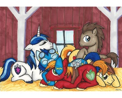 Size: 1986x1588 | Tagged: safe, artist:catscratchpaper, big macintosh, braeburn, doctor whooves, shining armor, soarin', time turner, earth pony, pony, g4, male, pony pile, stallion, traditional art