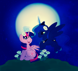 Size: 1250x1142 | Tagged: safe, artist:ponycide, princess luna, twilight sparkle, alicorn, pony, g4, female, flower, lesbian, magic, mare, moon, ship:twiluna, shipping, twilight sparkle (alicorn)