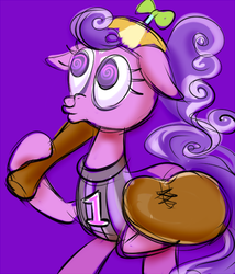 Size: 500x583 | Tagged: safe, artist:mymguru, screwball, pony, g4, baseball bat, baseball glove, baseball jersey, clothes, female, hat, hoof hold, propeller hat, purple background, simple background, solo, swirly eyes