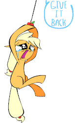 Size: 550x900 | Tagged: safe, artist:mushroomcookiebear, applejack, earth pony, pony, g4, animated, apple, appul, blank flank, crying, female, floppy ears, hanging, hoof hold, open mouth, sad, silly, silly pony, simple background, solo, string, that pony sure does love apples, who's a silly pony