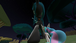 Size: 1366x768 | Tagged: safe, artist:gmodpon-e, princess celestia, queen chrysalis, g4, 3d, giant (queen) chrysalis, giant changeling, gmod, macro, night, size difference