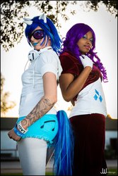 Size: 646x966 | Tagged: safe, artist:sequinsupernova, dj pon-3, rarity, vinyl scratch, human, g4, cosplay, irl, irl human, photo