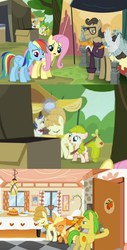 Size: 450x888 | Tagged: safe, screencap, applejack, aunt orange, fluttershy, horte cuisine, lemonjade, match game, rainbow dash, savoir fare, uncle orange, g4, the cutie mark chronicles, trade ya!, bindle, female, filly, filly applejack, younger, zoomed in