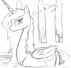 Size: 875x839 | Tagged: source needed, safe, artist:patch, princess celestia, g4, bath, belly, drawfag, female, looking at you, monochrome, preglestia, pregnant, sketch, smiling, solo, water, wet mane