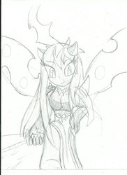 Size: 762x1048 | Tagged: safe, artist:hitorazekaiju, queen chrysalis, changeling, changeling queen, human, g4, clothes, dress, female, horn, horned humanization, humanized, monochrome, sketch, smiling, solo, sword, traditional art, winged humanization