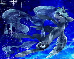 Size: 750x600 | Tagged: safe, artist:kemonomo, princess luna, alicorn, fish, pony, g4, bubble, ethereal mane, eyelashes, female, horn, night, ocean, open mouth, pixiv, sky, solo, sparkles, spread wings, stars, underwater, water, wings