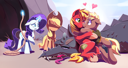 Size: 3500x1868 | Tagged: safe, artist:gsphere, applejack, big macintosh, rarity, trenderhoof, dragon, earth pony, pony, g4, gay, heart, male, no face, shipping, stallion, trendermac