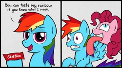 Size: 1934x1080 | Tagged: safe, artist:sheandog, pinkie pie, rainbow dash, pegasus, pony, g4, comic, dialogue, duo, female, if you know what i mean, implied cunnilingus, implied oral, implied sex, innuendo, lesbian, licking, mare, non-consensual licking, ship:pinkiedash, shipping, simple background, skittles, surprised, taste the rainbow, wide eyes