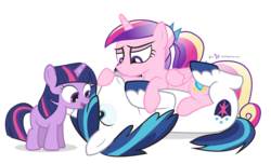 Size: 1110x675 | Tagged: safe, artist:dm29, princess cadance, shining armor, twilight sparkle, g4, annoyed, bedroom eyes, cuddling, female, filly, male, ship:shiningcadance, shipping, simple background, smiling, snuggling, straight, tackle, transparent background, trio