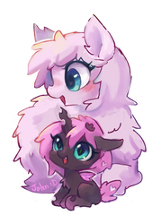 Size: 1000x1400 | Tagged: safe, artist:akamei, oc, oc only, oc:fluffle puff, oc:pomf puff, changeling, hybrid, changeling oc, interspecies offspring, magical lesbian spawn, offspring, parent:oc:fluffle puff, parent:queen chrysalis, parents:canon x oc, parents:chrysipuff, pink changeling, pixiv