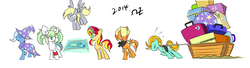 Size: 2750x750 | Tagged: safe, artist:rvceric, derpy hooves, lightning dust, sunset shimmer, trixie, oc, oc:emerald green, oc:flint trigger, pony, g4, alternate mane six, group, luggage, map, pixiv, simple background, white background