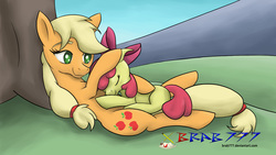 Size: 1920x1080 | Tagged: safe, artist:brab777, apple bloom, applejack, earth pony, pony, g4, apple sisters, duo, eyes closed, female, filly, foal, mare, siblings, sisters, snuggling, tree