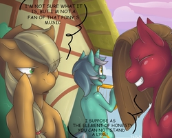 Size: 1000x800 | Tagged: safe, artist:cnat, applejack, lyra heartstrings, oc, g4, lyre, musical instrument, pun, trio