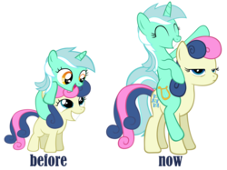 Size: 1898x1420 | Tagged: safe, artist:aborrozakale, artist:artpwny, bon bon, lyra heartstrings, sweetie drops, earth pony, pony, g4, bon bon is amused, bon bon is not amused, cute, duo, eyes closed, female, filly, filly lyra, filly sweetie drops, grin, looking up, lyra riding bon bon, mare, pointing, ponies riding ponies, riding, simple background, smiling, then and now, transparent background, unamused, vector, younger