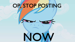 Size: 1280x720 | Tagged: safe, edit, edited screencap, screencap, rainbow dash, g4, female, frown, glare, image macro, looking at you, meme, op, reaction image, solo