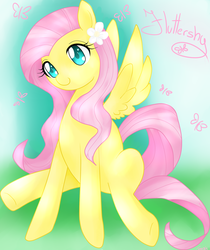 Size: 1024x1221 | Tagged: safe, artist:tanee13, fluttershy, pegasus, pony, g4, cute, female, flower, flower in hair, heart eyes, mare, shyabetes, sitting, solo, wingding eyes