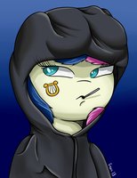 Size: 154x200 | Tagged: safe, artist:steen, bon bon, sweetie drops, g4, bon bon is not amused, clothes, female, hoodie, lowres, solo, vagabond