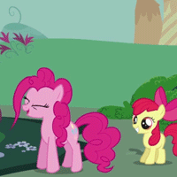 Size: 200x200 | Tagged: safe, screencap, apple bloom, pinkie pie, earth pony, pony, call of the cutie, g4, animated, cute, diapinkes, female, filly, foal, jumping, mare, pronking