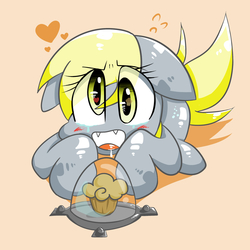Size: 2400x2400 | Tagged: safe, artist:joycall6, derpy hooves, pegasus, pony, g4, container, crying, female, heart, high res, mare, muffin, muffin denial, solo