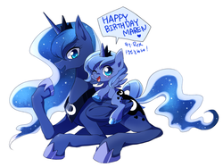 Size: 1280x956 | Tagged: safe, artist:re_ghotion, princess luna, g4, birthday, blushing, filly, happy, happy birthday, korean, looking at you, open mouth, self ponidox, simple background, white background, wink, woona