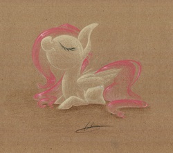 Size: 1280x1138 | Tagged: safe, artist:getchanoodlewet, fluttershy, g4, eyes closed, female, lying, solo, traditional art