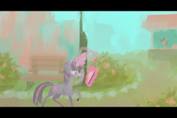 Size: 800x532 | Tagged: dead source, safe, artist:berrydrops, twilight sparkle, pony, unicorn, g4, bench, book, female, levitation, magic, mare, raised hoof, reading, walking