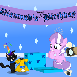 Size: 1635x1635 | Tagged: safe, artist:magerblutooth, diamond tiara, filthy rich, oc, oc:dazzle, cat, g4, birthday, camera, clothes, dress, hat, party hat, present