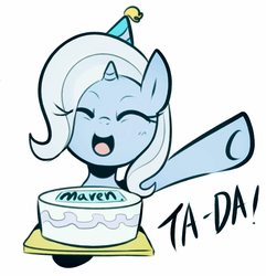 Size: 1781x1850 | Tagged: safe, artist:maren, trixie, pony, unicorn, g4, birthday, eyes closed, female, happy, happy birthday, mare, open mouth, solo