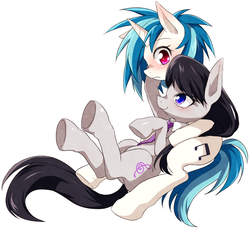 Size: 1044x958 | Tagged: dead source, safe, artist:re_ghotion, dj pon-3, octavia melody, vinyl scratch, earth pony, pony, unicorn, g4, blushing, female, hooves up, lesbian, mare, on back, ship:scratchtavia, shipping, simple background, underhoof, white background