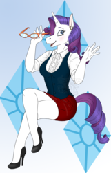 Size: 822x1280 | Tagged: safe, artist:scarlett-the-red, rarity, unicorn, anthro, g4, clothes, ear piercing, earring, female, glasses, hoers, jewelry, miniskirt, palindrome get, piercing, skirt, solo