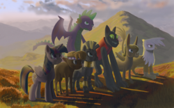 Size: 1916x1185 | Tagged: safe, artist:darkkodkod, gilda, little strongheart, matilda, rover, spike, twilight sparkle, zecora, alicorn, bison, buffalo, diamond dog, donkey, dragon, griffon, pony, zebra, g4, backlighting, diverse body types, female, line-up, mare, older, older spike, twilight sparkle (alicorn), winged spike, wings