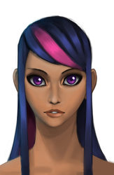 Size: 990x1514 | Tagged: safe, artist:asimos, twilight sparkle, human, g4, dark skin, female, humanized, portrait, simple background, solo