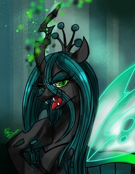 Size: 530x680 | Tagged: safe, artist:ki charan se ara, queen chrysalis, changeling, changeling queen, g4, crown, female, jewelry, looking at you, pixiv, regalia, solo
