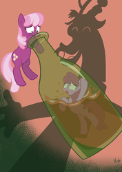 Size: 1024x1448 | Tagged: safe, artist:viraljp, berry punch, berryshine, cheerilee, discord, pony pov series, g4, bottle, fanon, pony in a bottle, siblings, sisters