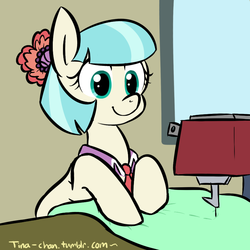 Size: 900x900 | Tagged: safe, artist:tina-chan, coco pommel, pony, g4, twilight's kingdom, 30 minute art challenge, cute, female, scene interpretation, sewing, sewing machine, smiling, solo, window