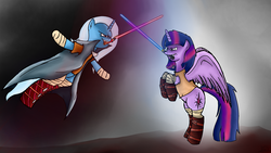 Size: 1920x1080 | Tagged: safe, artist:katsu, trixie, twilight sparkle, alicorn, pony, g4, bipedal, crossover, duel, female, jedi, lightsaber, mare, mouth hold, sith, star wars, twilight sparkle (alicorn)