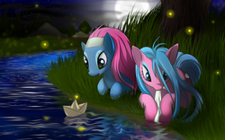 Size: 2200x1375 | Tagged: safe, artist:malifikyse, aloe, lotus blossom, firefly (insect), pony, g4, night, paper boat, spa twins