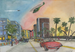 Size: 8500x6000 | Tagged: safe, artist:apocheck13, fluttershy, rarity, oc, g4, 80s, absurd resolution, car, grand theft auto, gta vice city, helicopter, limousine, plane, taxi, tommy vercetti, traditional art, vice city