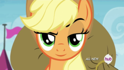 Size: 576x324 | Tagged: safe, screencap, applejack, earth pony, pony, g4, female, hub logo, inverted mouth, looking at you, mare, solo, unconvinced applejack