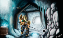 Size: 2497x1500 | Tagged: safe, artist:sa1ntmax, applejack, g4, alternate hairstyle, armor, barrel, crossover, female, ice, skeleton, skyrim, solo, sword, tail wrap, the elder scrolls, warrior, weapon