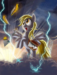 Size: 778x1027 | Tagged: safe, artist:semajz, derpy hooves, pegasus, pony, g4, epic derpy, female, fire, letter, lightning, mail, mailbag, mare, solo, this will end in tears, thunderstorm