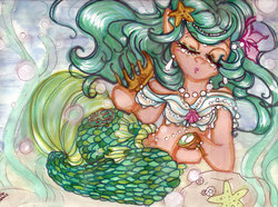 Size: 1500x1115 | Tagged: safe, artist:neptunestears, oc, oc only, merpony, starfish, bubble, crown, eyes closed, female, fish tail, flower, flower in hair, flowing mane, flowing tail, green mane, jewelry, mermaid tail, necklace, ocean, pearl necklace, regalia, rock, seaweed, solo, swimming, tail, traditional art, underwater, water