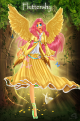 Size: 2866x4324 | Tagged: safe, artist:zaameen, fluttershy, butterfly, human, g4, clothes, ear piercing, earring, female, humanized, jewelry, legs, long skirt, looking at you, piercing, shoes, skirt, smiling, solo, winged humanization