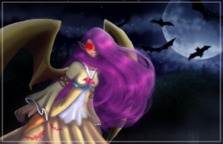 Size: 2739x1778 | Tagged: safe, artist:zaameen, fluttershy, human, g4, clothes, fangs, female, flutterbat, glowing eyes, humanized, long skirt, looking at you, moon, night, skirt, solo, winged humanization