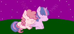 Size: 953x438 | Tagged: safe, artist:vamplrebats, pinkie pie, twilight sparkle, alicorn, earth pony, pony, g4, eyes closed, female, mare, night, outdoors, prone, sky, smiling, twilight sparkle (alicorn), zzz