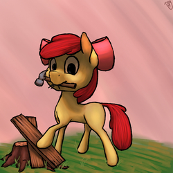 Size: 1000x1000 | Tagged: safe, artist:drawerproyeah, apple bloom, g4, female, hammer, mouth hold, nails, solo, wood